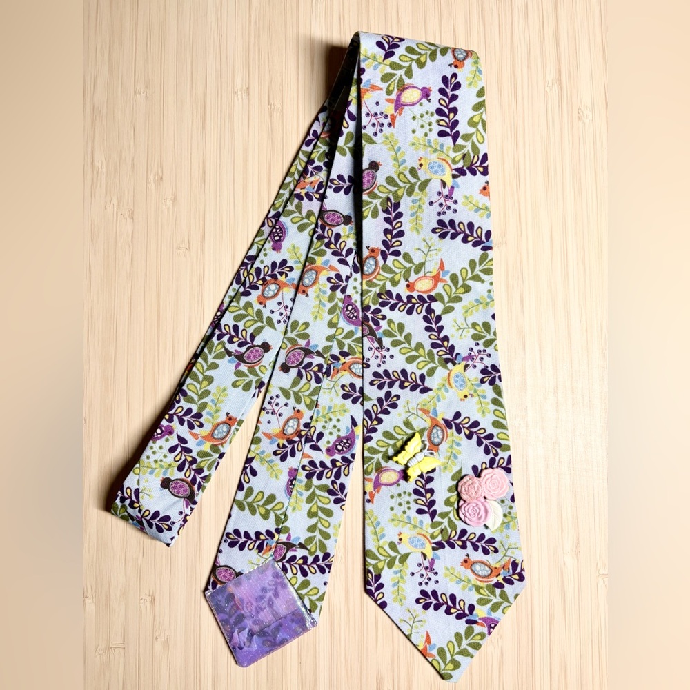 Handmade! Floral Patterned Tie with Purple and Green Accents